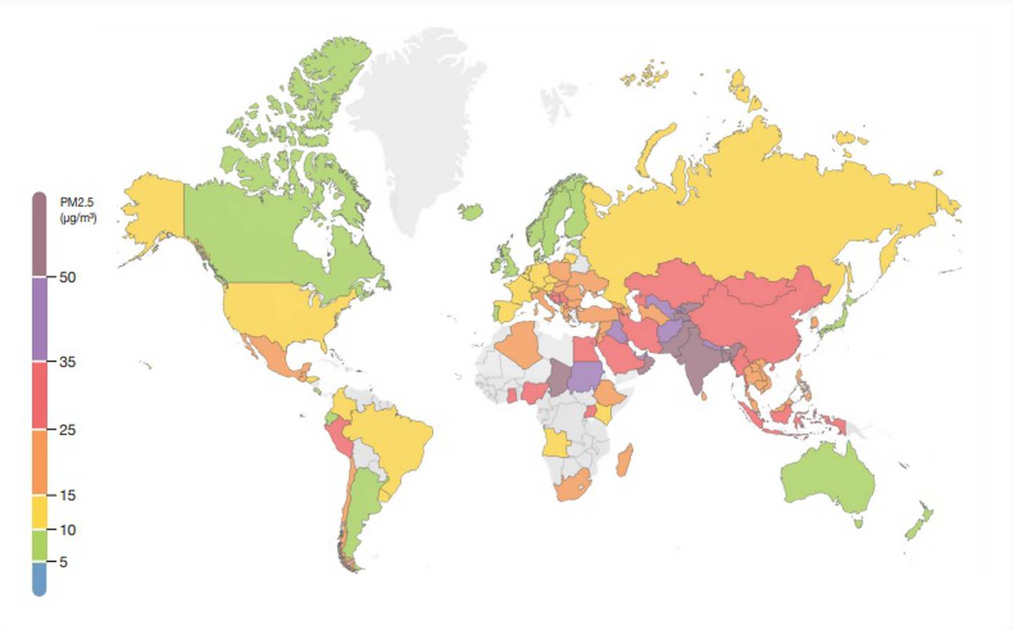 Codificado por colores según la concentración promedio anual de PM2.5dfd
