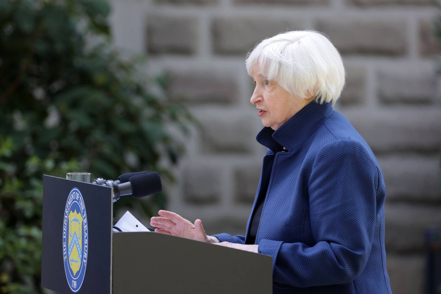 Janet Yellen, secretaria del Tesoro de EE.UU., durante una conferencia de prensa al margen de la reunión de ministros de Finanzas y gobernadores de bancos centrales del G7, en Konigswinter, Alemania, el miércoles 18 de mayo de 2022.  Fotógrafo: Alex Kraus/Bloomberg