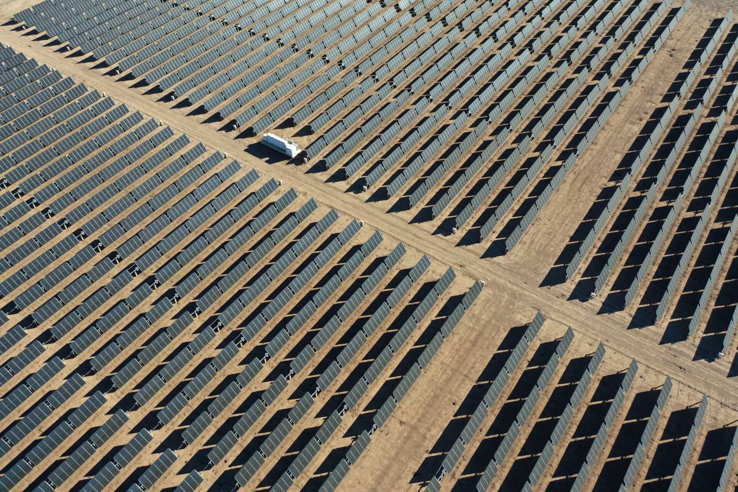 Photovoltaic panels at the Midway I Solar Farm, part of the 107-MW Midway Solar Farm, in Calipatria, California.