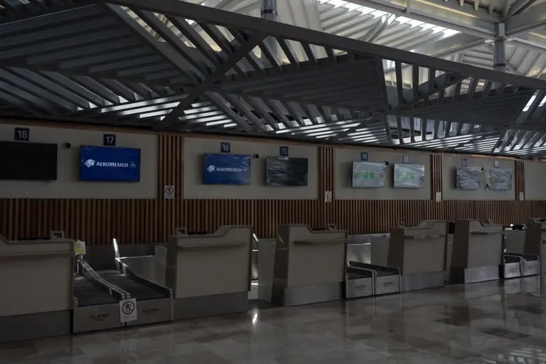 Aeromexico check-in counters at Felipe Angeles International Airport (AIFA) in Zumpango, Mexico, on Sunday, March 13, 2022.  Felipe Angeles International Airport is expected to open on March 21.dfd