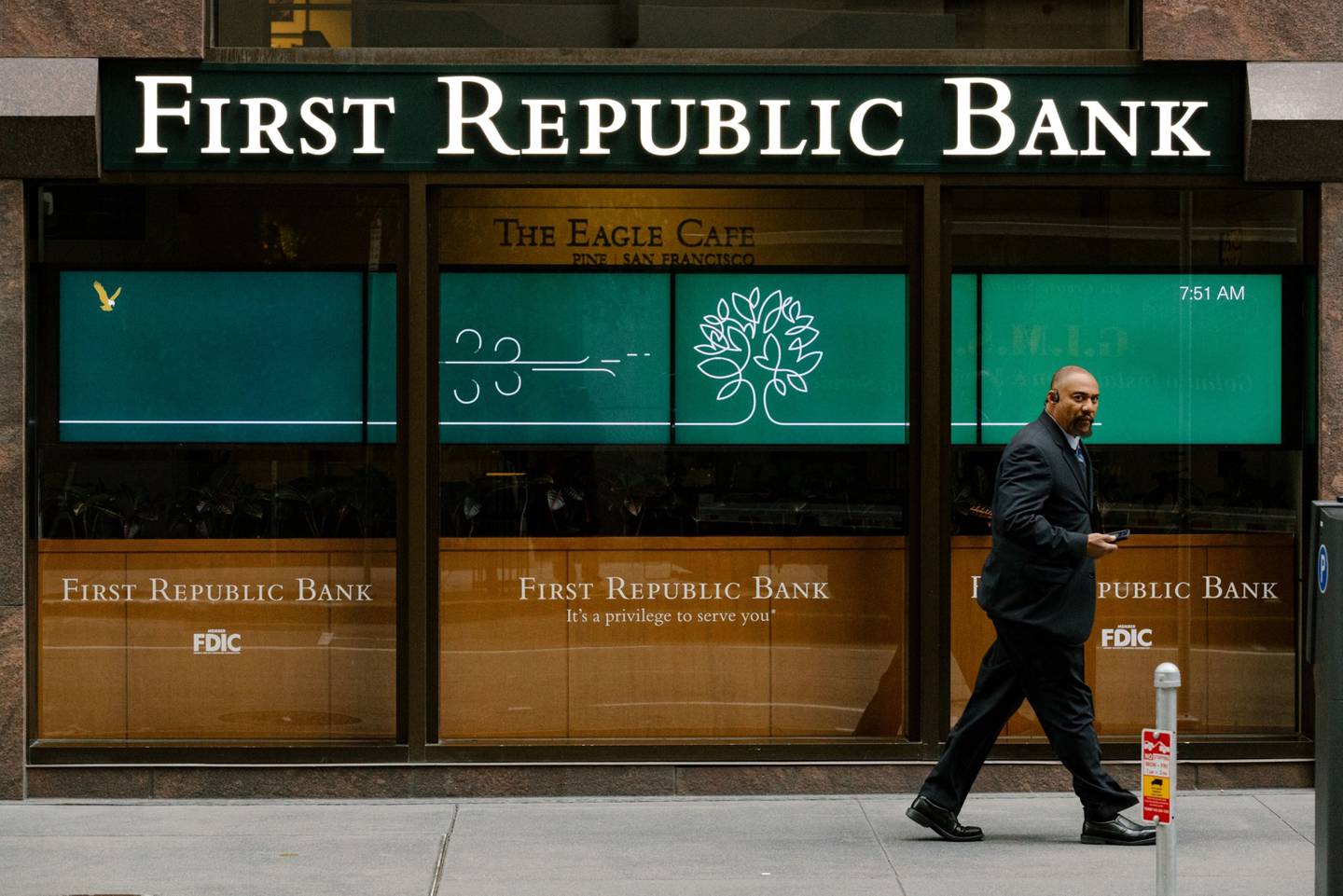 A pedestrian walks past the First Republic Bank headquarters in San Francisco, California US, on Saturday, April 28, 2023. Photographer: Jason Henry/Bloomberg