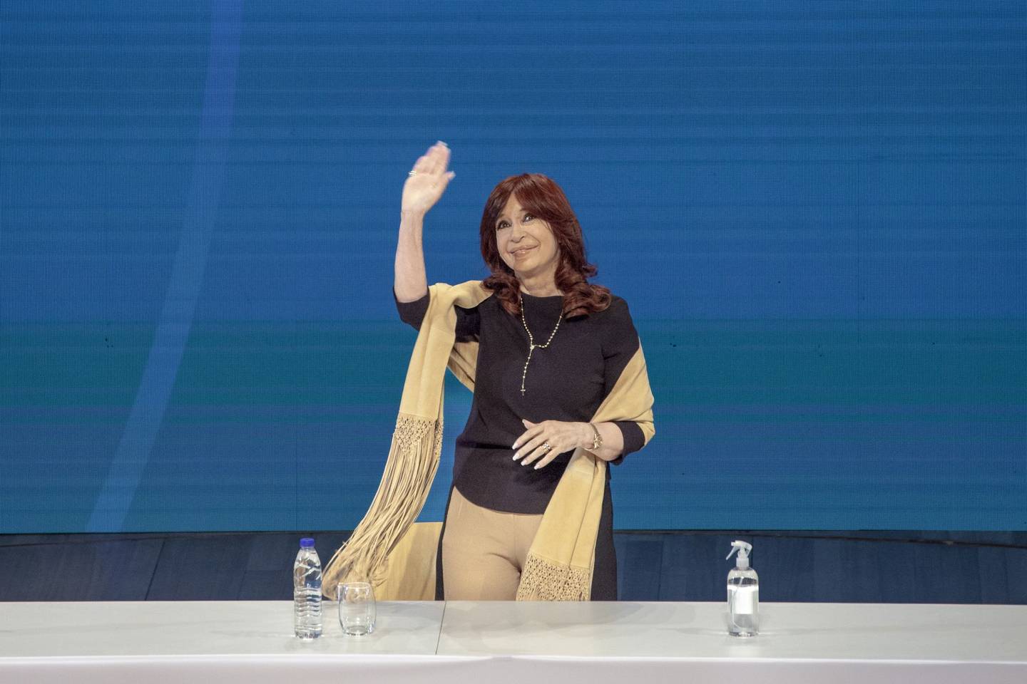 Cristina Fernandez de Kirchner, Argentina's vice president, waves during the Euro Latin American Parliamentary Assembly (EuroLat) in Buenos Aires, Argentina, on Wednesday, April 13, 2022. Kirchner delivered opening remarks at 14th EuroLat plenary session, where members discussed the follow up to the Covid-19 pandemic in Latin America and the Caribbean.