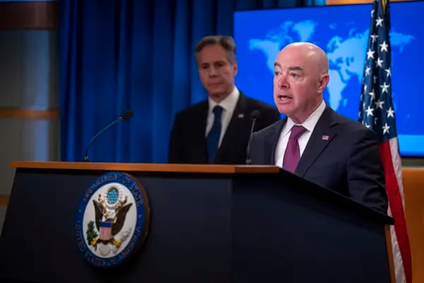 US Secretary of State Antony Blinken (left) and Homeland Security Secretary Alejandro Mayorkas at a press conference in April.