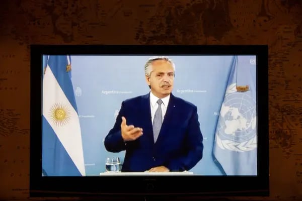 Alberto Fernández, presidente de Argentina, en un video pregrabado durante la Asamblea General de las Naciones Unidas en Nueva York, Estados Unidos, el martes 21 de septiembre de 2021.