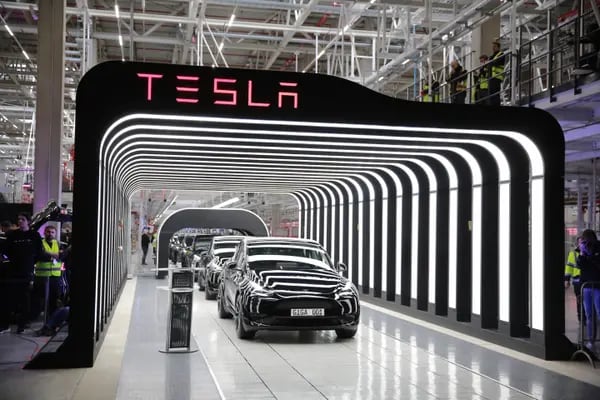 Teslas at a manufacturing plant in Gruenheide, Germany.