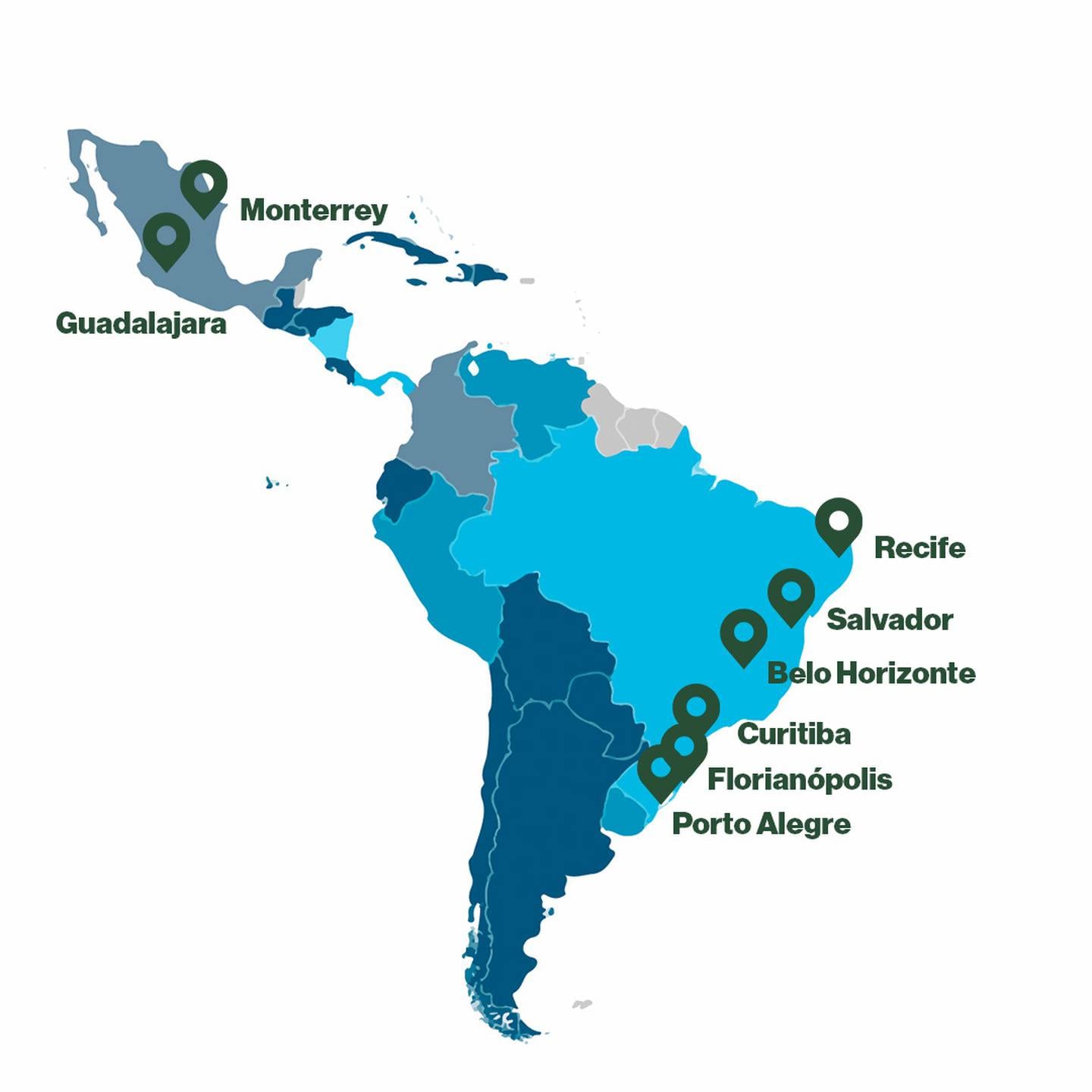 Os pólos de tecnologia para além dos principais centros da América Latina. Arte por Bloomberg Líneadfd