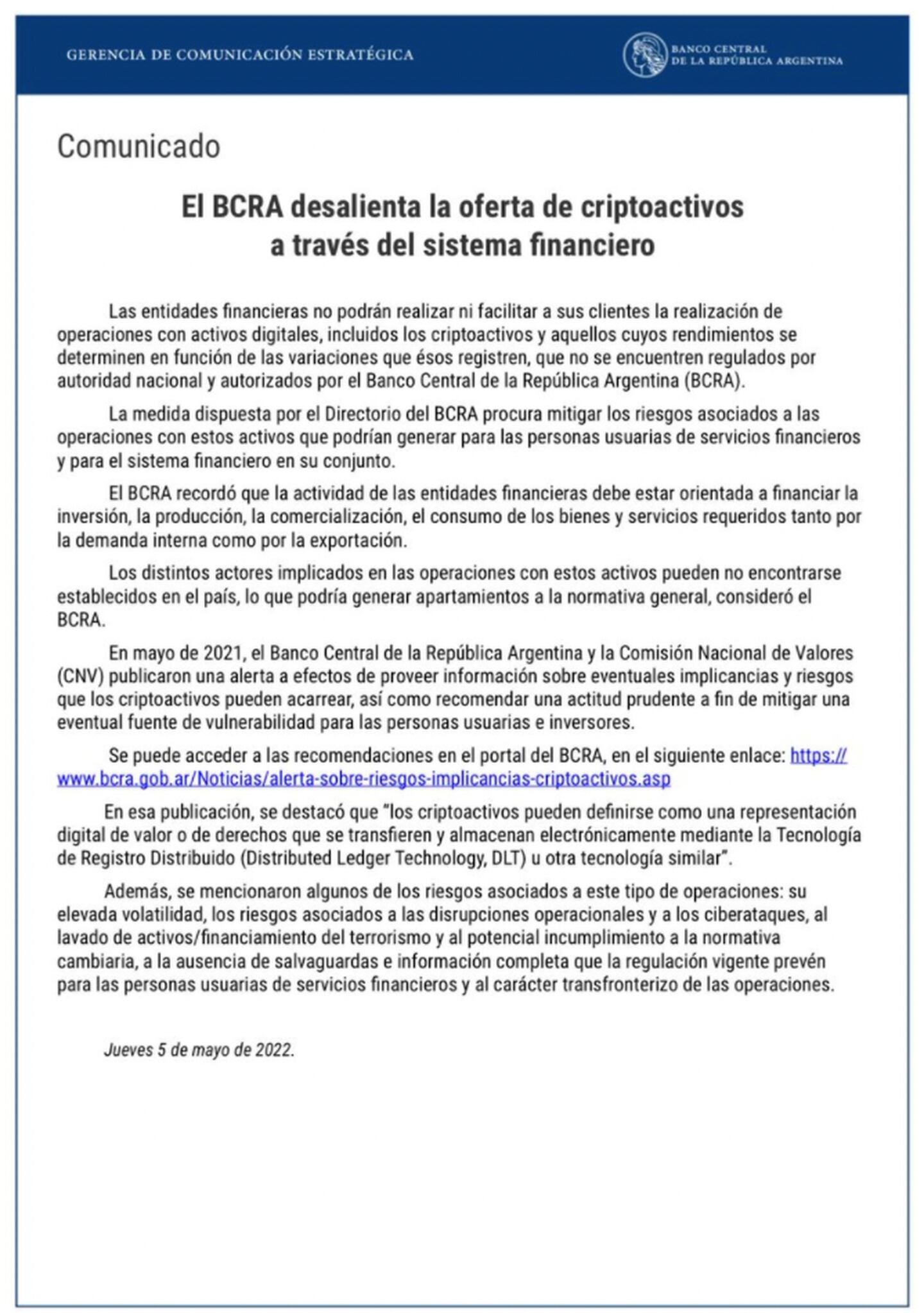 El comunicado del BCRA que prohibió las operaciones cripto por parte de los bancos argentinos.dfd
