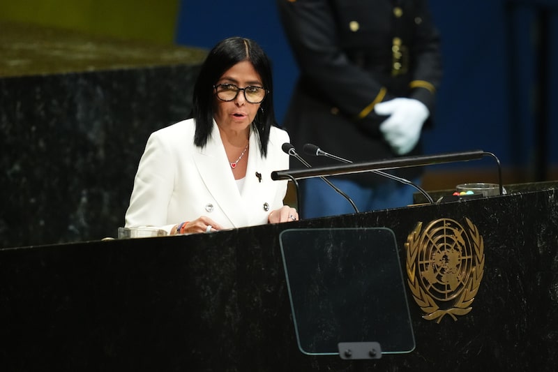 Delcy Rodríguez durante la Asamblea General de las Naciones Unidas en Nueva York el 23 de septiembre. Fotógrafa: Angelina Katsanis/Bloomberg. Delcy Rodríguez durante la Asamblea General de las Naciones Unidas en Nueva York el 23 de septiembre. Fotógrafa: Angelina Katsanis/Bloomberg.