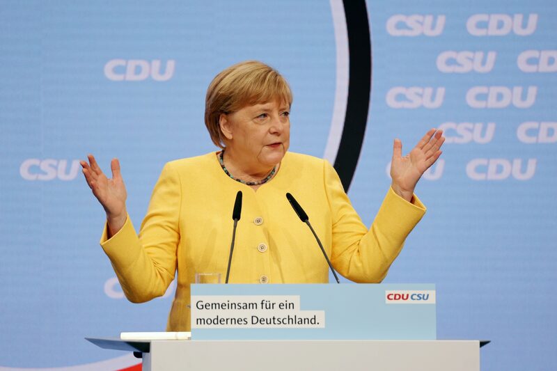 Angela Merkel, Germany's chancellor, speaks during the Christian Democratic Union (CDU) and Christian Social Union (CSU), election campaign launch in Berlin, Germany, on Saturday, Aug. 21, 2021. Germany will elect a new leader after 16 years under Chancellor Angela Merkel on Sept. 26. Angela Merkel, Germany's chancellor, speaks during the Christian Democratic Union (CDU) and Christian Social Union (CSU), election campaign launch in Berlin, Germany, on Saturday, Aug. 21, 2021. Germany will elect a new leader after 16 years under Chancellor Angela Merkel on Sept. 26.