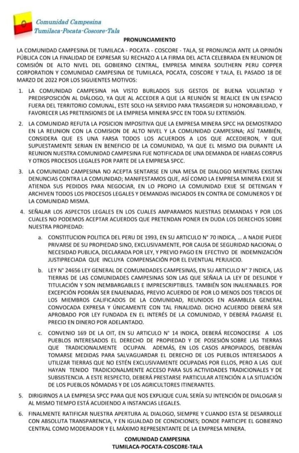 Comunicado de la comunidad campesina que ejerce el bloqueo contra la mina de Cuajone. Comunicado de la comunidad campesina que ejerce el bloqueo contra la mina de Cuajone.