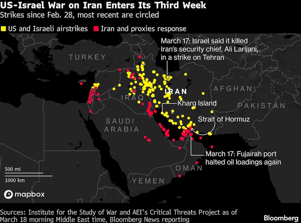 US-Israel War on Iran Enters Its Third Week | Strikes since Feb. 28, most recent are circled US-Israel War on Iran Enters Its Third Week | Strikes since Feb. 28, most recent are circled