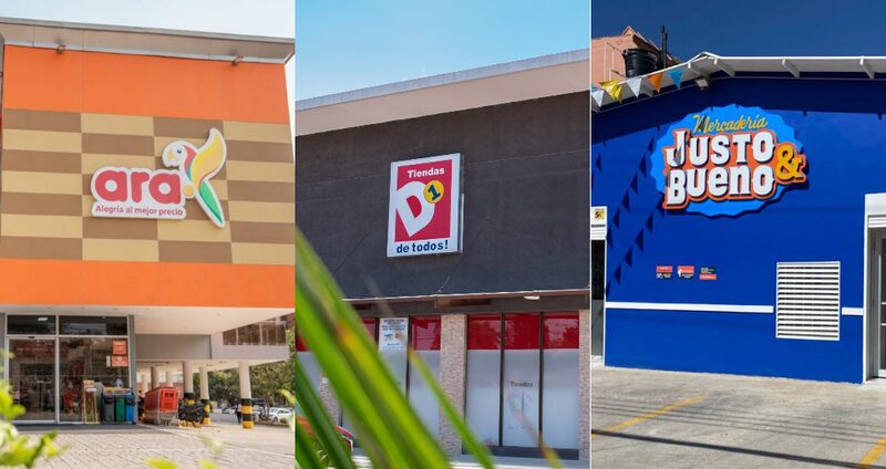 Las fachadas de las tiendas Ara, D1 y Justo & Bueno. Las fachadas de las tiendas Ara, D1 y Justo & Bueno.