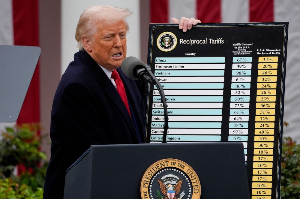 US President Donald Trump holds a reciprocal tariffs poster during a tariff announcement in the Rose Garden of the White House in Washington, DC, US, on Wednesday, April 2, 2025. Trump plans to roll out tariffs on global trading partners, the centerpiece of his effort to bring back manufacturing to the US and reshape a world trade system he has long decried as unfair. Photographer: Kent Nishimura/Bloomberg US President Donald Trump holds a reciprocal tariffs poster during a tariff announcement in the Rose Garden of the White House in Washington, DC, US, on Wednesday, April 2, 2025. Trump plans to roll out tariffs on global trading partners, the centerpiece of his effort to bring back manufacturing to the US and reshape a world trade system he has long decried as unfair. Photographer: Kent Nishimura/Bloomberg