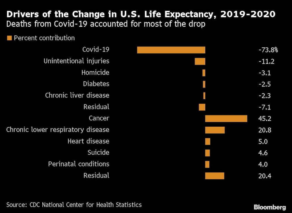 Las muertes de Covid -19 representaron la mayor parte de la caída.
De arriba hacia abajo por porcentaje:
Covid-19, Lesiones no intencionadas, Homicidio, Diabetes, Enfermedad hepática crónica, Residual, Cáncer, Enfermedad respiratoria inferior crónica, Enfermedad cardíaca, Suicidio, Condiciones perinatales, Residual Las muertes de Covid -19 representaron la mayor parte de la caída.
De arriba hacia abajo por porcentaje:
Covid-19, Lesiones no intencionadas, Homicidio, Diabetes, Enfermedad hepática crónica, Residual, Cáncer, Enfermedad respiratoria inferior crónica, Enfermedad cardíaca, Suicidio, Condiciones perinatales, Residual