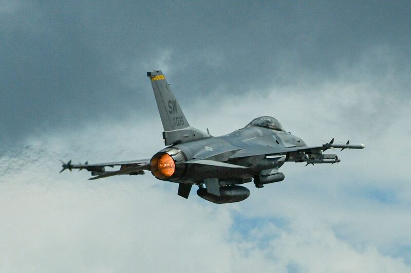 A US Air Force F-16 fighter jet. A US Air Force F-16 fighter jet.