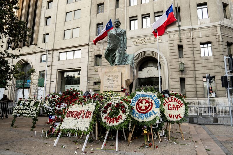 A monument in honor of the death former Chile President Salvador Allende during a ceremony on the 50th anniversary of Chile's coup d'etat, at La Moneda Palace in Santiago, Chile, on Monday, Sept. 11, 2023. Monday marks the 50th anniversary of the US-backed coup that ousted democratically elected Marxist President Salvador Allende and installed General Augusto Pinochet’s 17 year military dictatorship. Photographer: Tamara Merino/Bloomberg A monument in honor of the death former Chile President Salvador Allende during a ceremony on the 50th anniversary of Chile's coup d'etat, at La Moneda Palace in Santiago, Chile, on Monday, Sept. 11, 2023. Monday marks the 50th anniversary of the US-backed coup that ousted democratically elected Marxist President Salvador Allende and installed General Augusto Pinochet’s 17 year military dictatorship. Photographer: Tamara Merino/Bloomberg