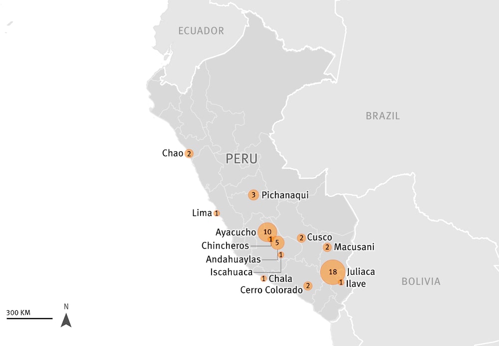Manifestantes y transeúntes que murieron a causa de los bloqueos en carreteras y las lesiones sufridas durante las manifestaciones desde diciembre de 2022 hasta febrero de 2023 en diversos puntos de Perú. Mapa: Human Rights Watch Manifestantes y transeúntes que murieron a causa de los bloqueos en carreteras y las lesiones sufridas durante las manifestaciones desde diciembre de 2022 hasta febrero de 2023 en diversos puntos de Perú. Mapa: Human Rights Watch
