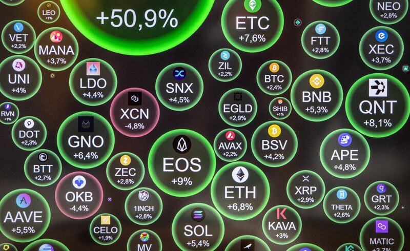 Logos de criptomonedas y sus valores en una pantalla. Logos de criptomonedas y sus valores en una pantalla.