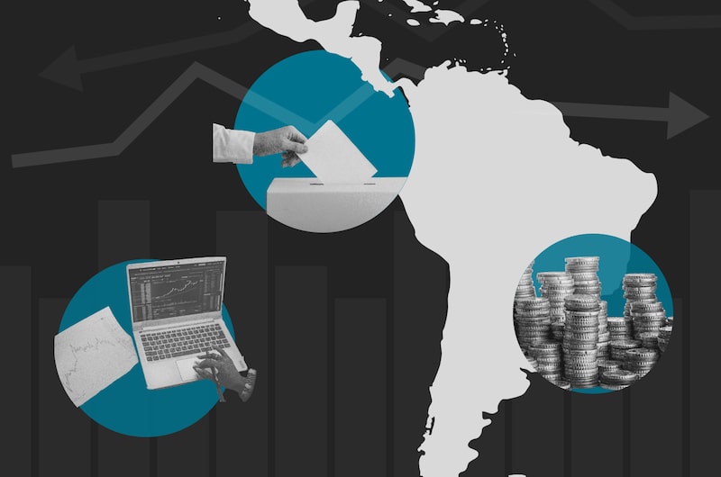 Ilustración sobre el impacto de las elecciones y los mercados financieros en América Latina, con referencias a inversión, deuda y comportamiento bursátil. Ilustración sobre el impacto de las elecciones y los mercados financieros en América Latina, con referencias a inversión, deuda y comportamiento bursátil.