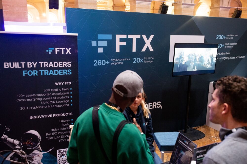 The FTX booth at the Blockchain Week Summit in Paris, France, on Wednesday, April 13, 2022. Photographer: Benjamin Girette/Bloomberg The FTX booth at the Blockchain Week Summit in Paris, France, on Wednesday, April 13, 2022. Photographer: Benjamin Girette/Bloomberg