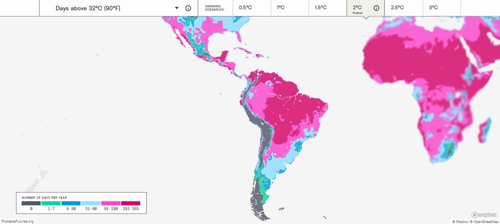 Zonas más calurosas en un escenario de calentamiento de 2 grados. Zonas más calurosas en un escenario de calentamiento de 2 grados.