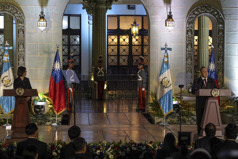 Alejandro Giammattei , right, spaaks as Tsai Ing-wen attends a joint press conference at the National Palace in Guatemala City. Alejandro Giammattei , right, spaaks as Tsai Ing-wen attends a joint press conference at the National Palace in Guatemala City.