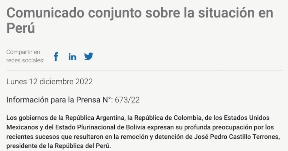 El comunicado conjunto de Argentina, Colombia, Bolivia y México El comunicado conjunto de Argentina, Colombia, Bolivia y México