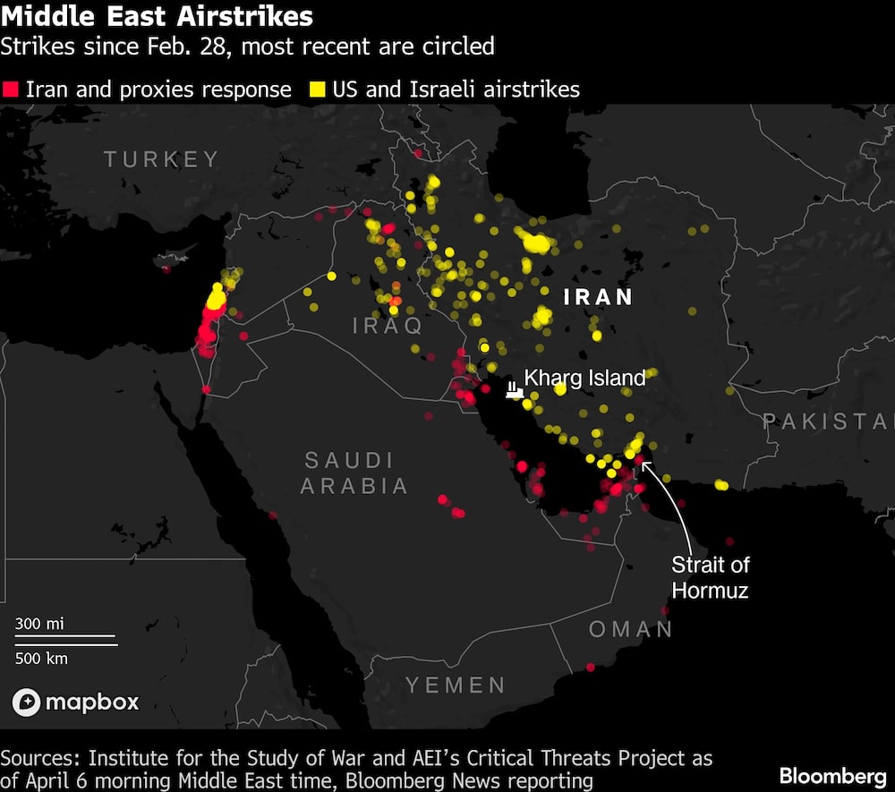 Middle East Airstrikes | Strikes since Feb. 28, most recent are circled Middle East Airstrikes | Strikes since Feb. 28, most recent are circled