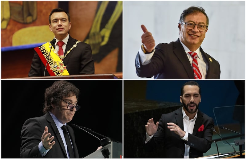 El presidente de Ecuador, Daniel Noboa; de Colombia, Gustavo Petro; de Argentina, Javier Milei, y de El Salvador, Nayib Bukele. El presidente de Ecuador, Daniel Noboa; de Colombia, Gustavo Petro; de Argentina, Javier Milei, y de El Salvador, Nayib Bukele.