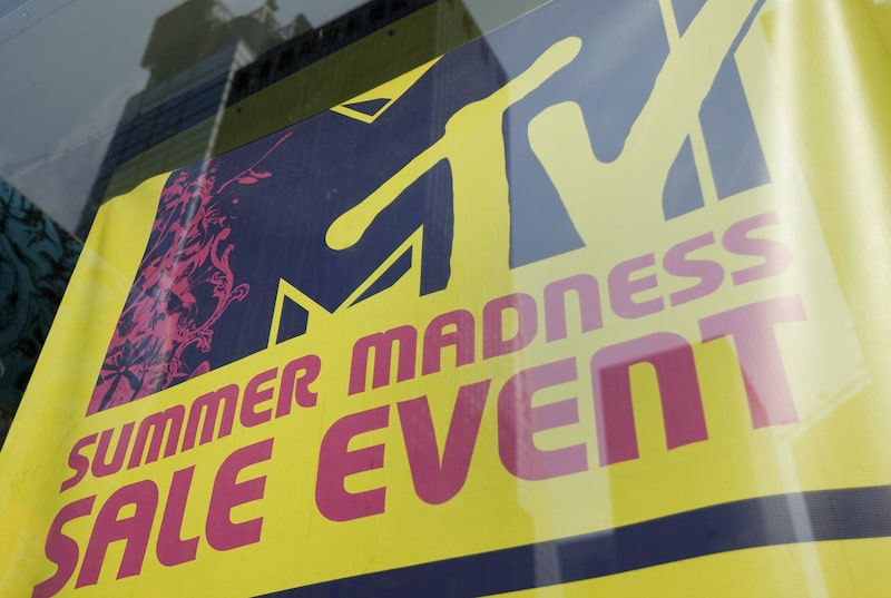 A sale sign sits inside the MTV store in New York, U.S., on Tuesday, July 28, 2009. Viacom Inc., owner of MTV Networks and the Paramount Pictures film studio, said second-quarter profit fell 32 percent because of an advertising slump and declining movie revenue. Photographer: Andrew Harrer/Bloomberg A sale sign sits inside the MTV store in New York, U.S., on Tuesday, July 28, 2009. Viacom Inc., owner of MTV Networks and the Paramount Pictures film studio, said second-quarter profit fell 32 percent because of an advertising slump and declining movie revenue. Photographer: Andrew Harrer/Bloomberg