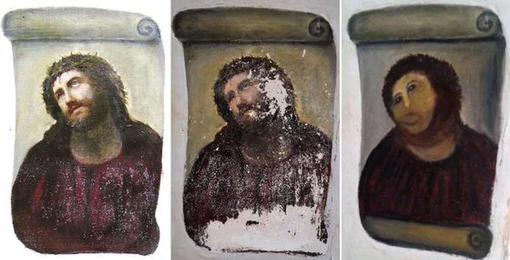 Ecco Homo, antes y después de ser restaurada. Ecco Homo, antes y después de ser restaurada.
