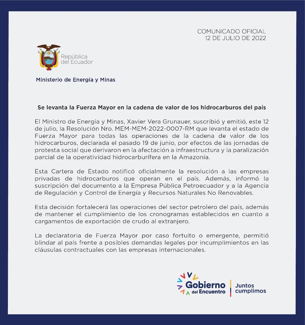 El Ministerio de Energía levantó hoy la "fuerza mayor". El Ministerio de Energía levantó hoy la "fuerza mayor".