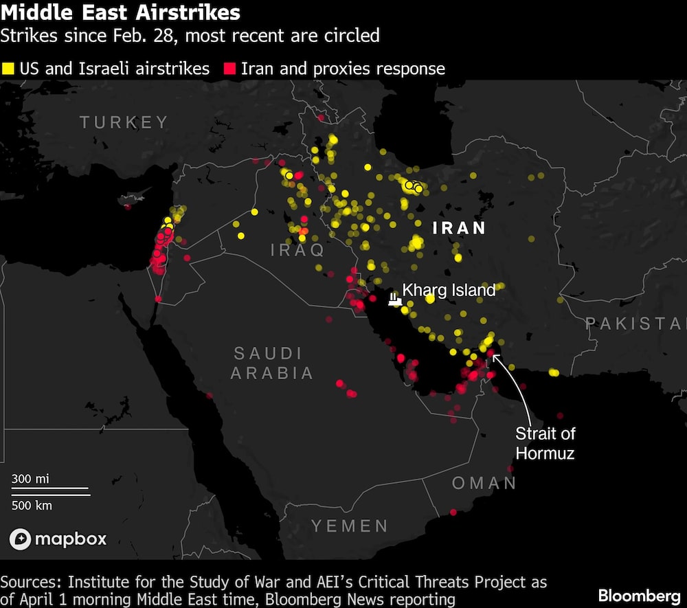 Middle East Airstrikes | Strikes since Feb. 28, most recent are circled Middle East Airstrikes | Strikes since Feb. 28, most recent are circled