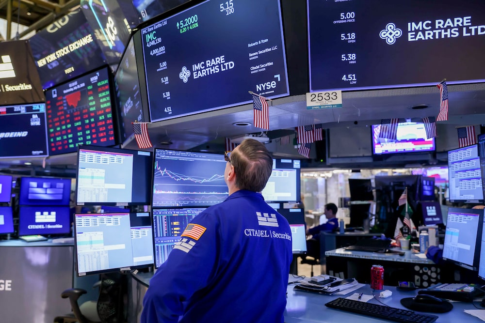 IMC Rare Earths Ltd. signage as a trader works after a Federal Open Market Committee (FOMC) meeting on the floor of the New York Stock Exchange (NYSE) in New York, US, on Wednesday, July 29, 2026. Federal Reserve officials left interest rates unchanged, but a fractured vote signaled growing conviction among some policymakers that higher rates are needed to curb resurgent inflation. Photographer: Michael Nagle/Bloomberg IMC Rare Earths Ltd. signage as a trader works after a Federal Open Market Committee (FOMC) meeting on the floor of the New York Stock Exchange (NYSE) in New York, US, on Wednesday, July 29, 2026. Federal Reserve officials left interest rates unchanged, but a fractured vote signaled growing conviction among some policymakers that higher rates are needed to curb resurgent inflation. Photographer: Michael Nagle/Bloomberg