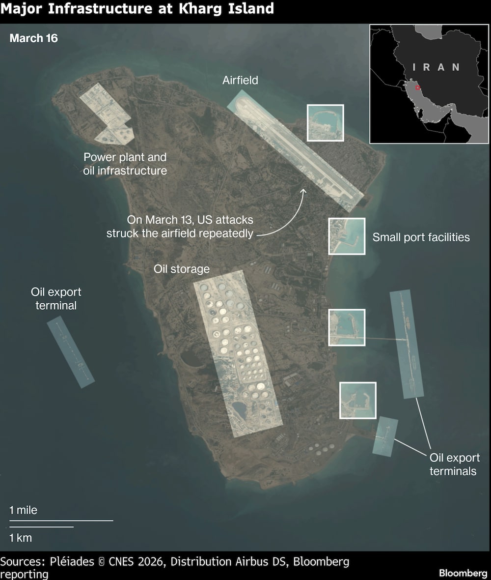 Principales infraestructuras de la isla de Kharg. Principales infraestructuras de la isla de Kharg.