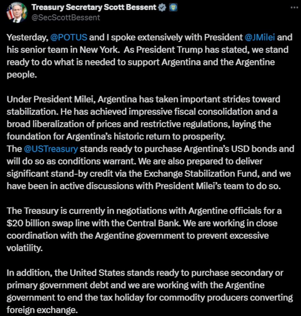 La publicación de Scott Bessent este miércoles sobre Argentina en la red social X. La publicación de Scott Bessent este miércoles sobre Argentina en la red social X.