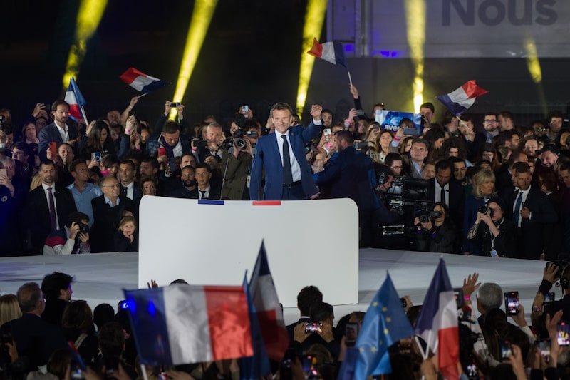 Se dirige a sus partidarios tras la segunda vuelta de las elecciones presidenciales francesas en París, Francia, el domingo 24 de abril de 2022. Se dirige a sus partidarios tras la segunda vuelta de las elecciones presidenciales francesas en París, Francia, el domingo 24 de abril de 2022.