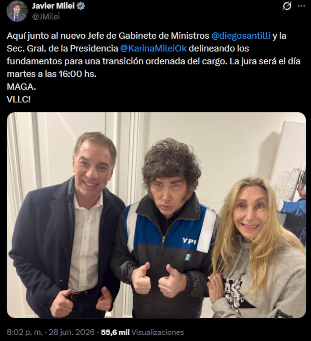 La publicación de Milei en X anunciando el nombramiento. La publicación de Milei en X anunciando el nombramiento.