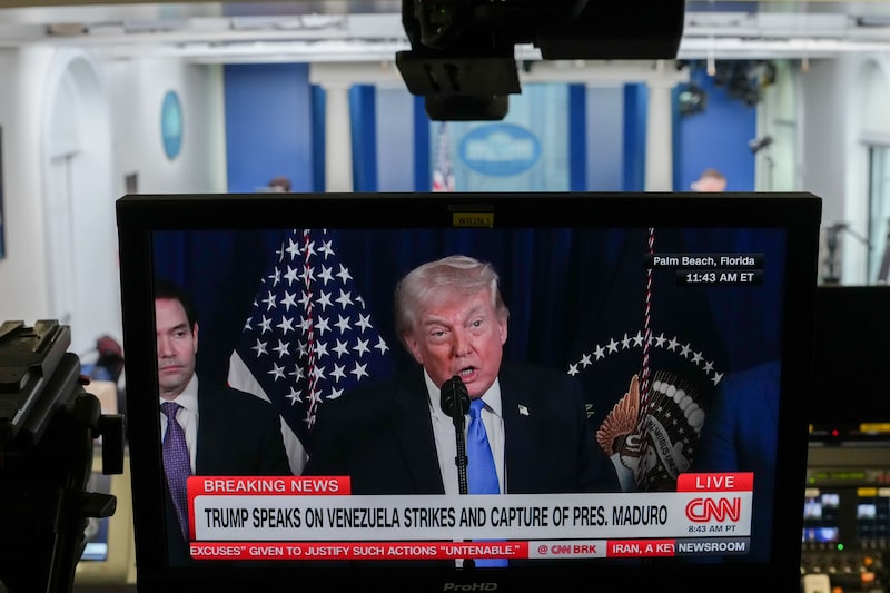A television monitor displays US President Donald Trump during a news conference in the James S. Brady Press Briefing Room the White House in Washington, DC, US, on Saturday, Jan. 3, 2026. Trump said the US would run Venezuela until a transition could be organized, hours after a US operation captured leader Nicolás Maduro, ousting the strongman from power after months of mounting military and economic pressure on his regime. Photographer: Aaron Schwartz/Bloomberg A television monitor displays US President Donald Trump during a news conference in the James S. Brady Press Briefing Room the White House in Washington, DC, US, on Saturday, Jan. 3, 2026. Trump said the US would run Venezuela until a transition could be organized, hours after a US operation captured leader Nicolás Maduro, ousting the strongman from power after months of mounting military and economic pressure on his regime. Photographer: Aaron Schwartz/Bloomberg