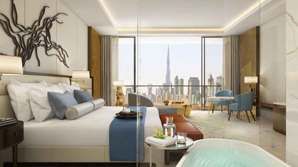 Rooms sport views of the Persian Gulf or the city’s iconic skyline, including the Burj Khalifa spire. Rooms sport views of the Persian Gulf or the city’s iconic skyline, including the Burj Khalifa spire.