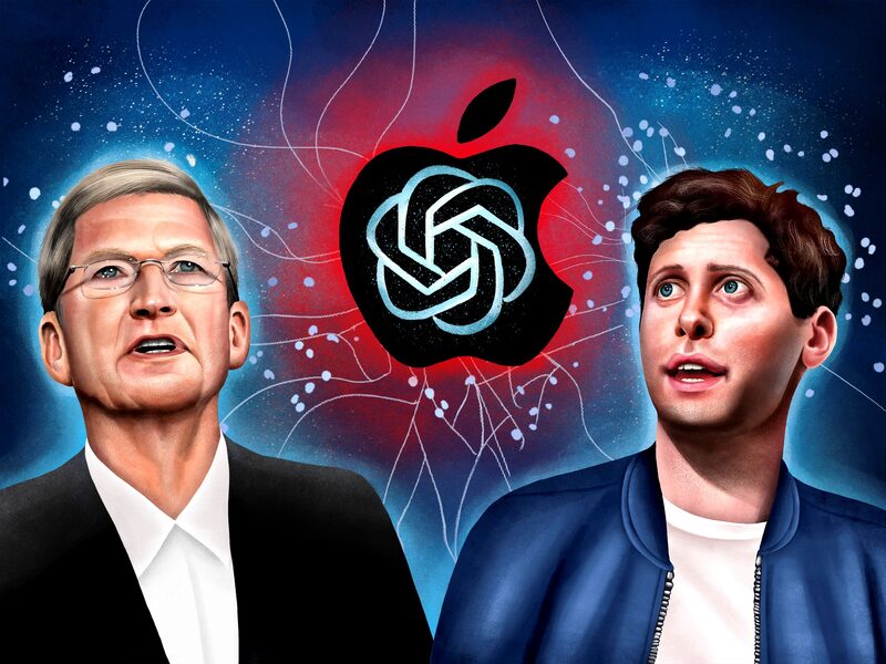 Tim Cook (à esquerda) e Sam Altman: um acordo com a OpenAI deve ser anunciado na conferência de desenvolvedores da Apple na próxima semana (Ilustração: Bloomberg) Tim Cook (à esquerda) e Sam Altman: um acordo com a OpenAI deve ser anunciado na conferência de desenvolvedores da Apple na próxima semana (Ilustração: Bloomberg)