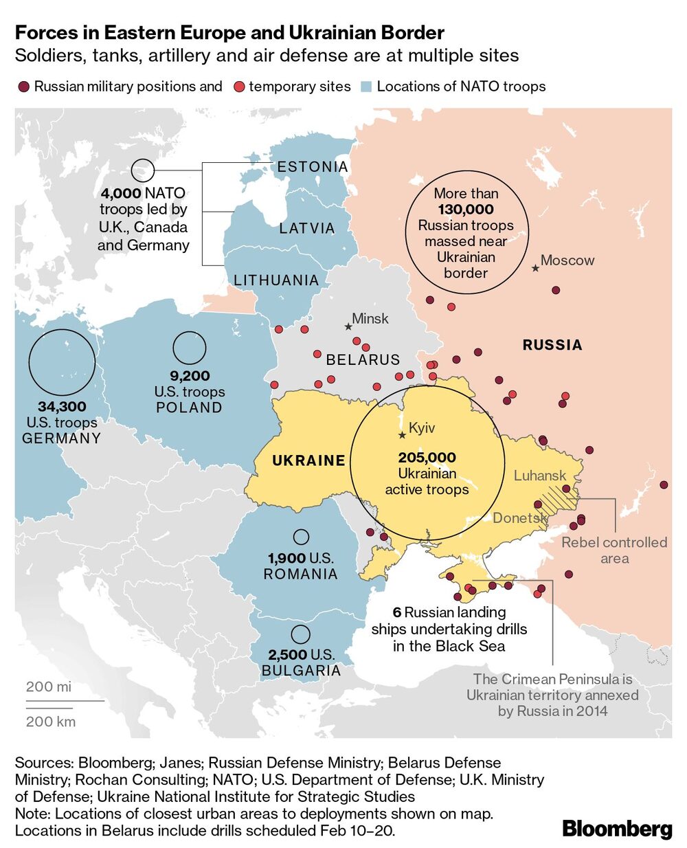 Fuerzas en Europa del Este y frontera ucraniana
Los soldados, los tanques, la artillería y la defensa aérea se encuentran en varios lugares
Vino: Posiciones militares rusas
Rojo: Sitios temporales
Azul: Ubicaciones de las tropas de la OTAN
Estonia, Letonia, Lituania: 4.000 tropas de la OTAN dirigidas por el Reino Unido, Canadá y Alemania
Polonia: 9.200 tropas estadounidenses
Alemania: 34.300 tropas estadounidenses
Rusia: Más de 130.000 tropas rusas concentradas cerca de la frontera ucraniana
Ucrania: 205.000 tropas ucranianas en activo
Luhansk/Donetsk: Zona controlada por los rebeldes
Rumanía: 1.900 tropas estadounidenses
Bulgaria: 2.500 tropas estadounidenses
6 buques de desembarco rusos realizan ejercicios en el Mar Negro
La península de Crimea es territorio ucraniano anexionado por Rusia en 2014 Fuerzas en Europa del Este y frontera ucraniana
Los soldados, los tanques, la artillería y la defensa aérea se encuentran en varios lugares
Vino: Posiciones militares rusas
Rojo: Sitios temporales
Azul: Ubicaciones de las tropas de la OTAN
Estonia, Letonia, Lituania: 4.000 tropas de la OTAN dirigidas por el Reino Unido, Canadá y Alemania
Polonia: 9.200 tropas estadounidenses
Alemania: 34.300 tropas estadounidenses
Rusia: Más de 130.000 tropas rusas concentradas cerca de la frontera ucraniana
Ucrania: 205.000 tropas ucranianas en activo
Luhansk/Donetsk: Zona controlada por los rebeldes
Rumanía: 1.900 tropas estadounidenses
Bulgaria: 2.500 tropas estadounidenses
6 buques de desembarco rusos realizan ejercicios en el Mar Negro
La península de Crimea es territorio ucraniano anexionado por Rusia en 2014