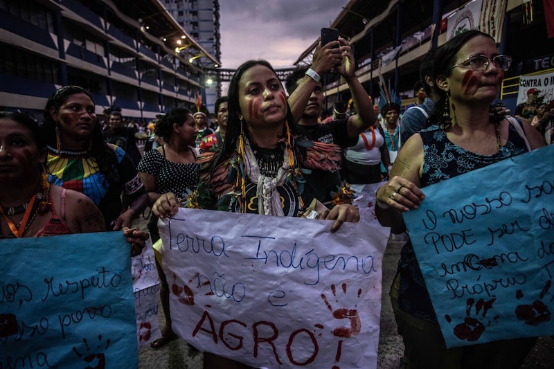 Members of the Tembe indigenous group listen to a tribal chief during a rally ahead of the Amazon Summit in Belem, Brazil, on Monday Aug.. 7, 2023. Members of the Tembe indigenous group listen to a tribal chief during a rally ahead of the Amazon Summit in Belem, Brazil, on Monday Aug.. 7, 2023.