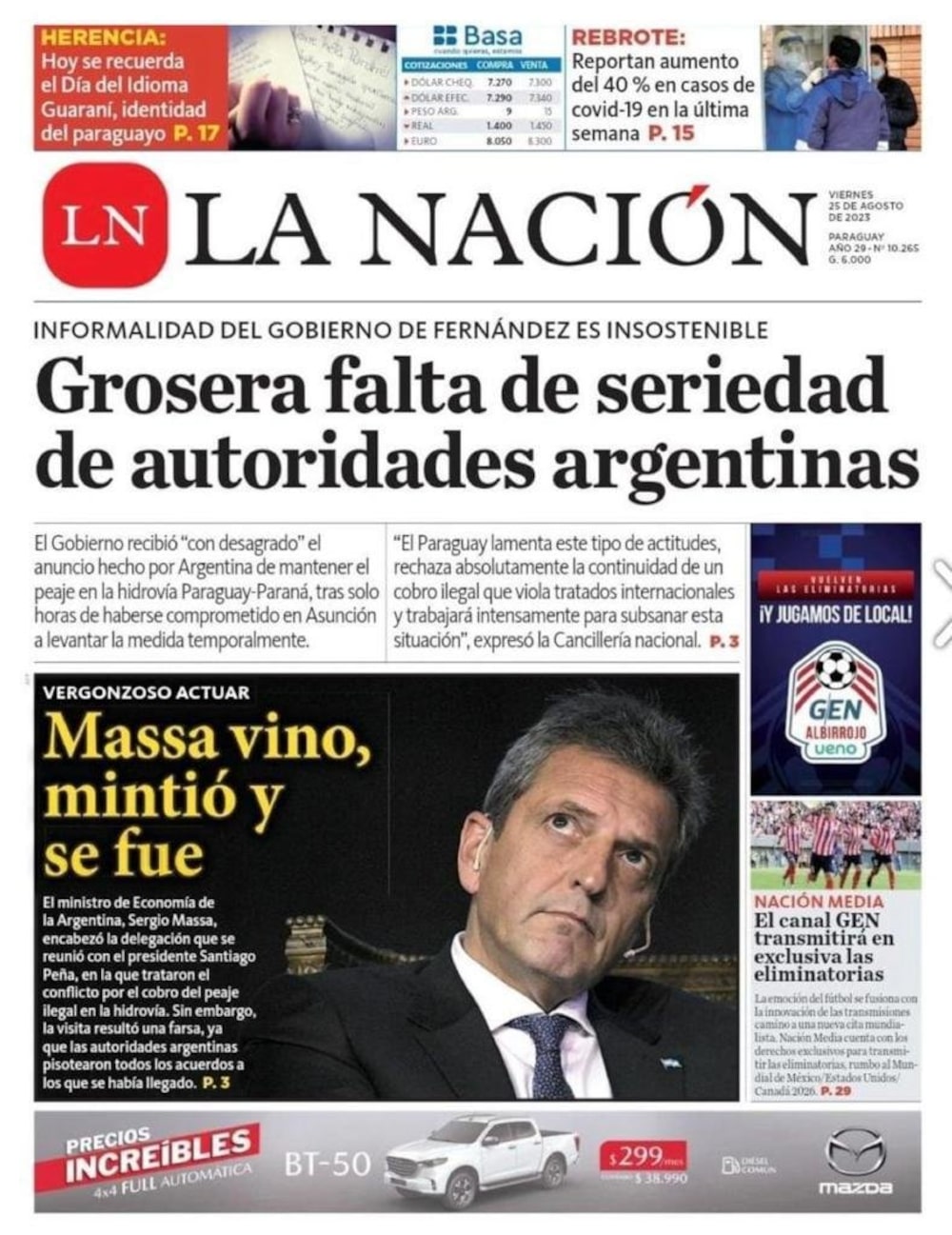 La tapa de esta mañana de La Nación de Paraguay La tapa de esta mañana de La Nación de Paraguay