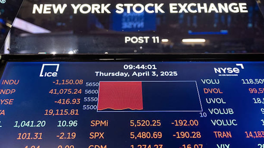 NEW YORK, NEW YORK - APRIL 03: Stock market numbers are displayed on a screen on the floor of the New York Stock Exchange during morning trading on April 03, 2025 in New York City. The stock market opened up with all three major stock indexes going under as the market reacts to U.S. President Donald Trump's announcement of sweeping tariffs of at least 10% and even higher for some countries. At opening the Dow dropped 1,500 points, S&P 500 lost 4% and the Nasdaq Composite slid 5%. (Photo by Michael M. Santiago/Getty Images) NEW YORK, NEW YORK - APRIL 03: Stock market numbers are displayed on a screen on the floor of the New York Stock Exchange during morning trading on April 03, 2025 in New York City. The stock market opened up with all three major stock indexes going under as the market reacts to U.S. President Donald Trump's announcement of sweeping tariffs of at least 10% and even higher for some countries. At opening the Dow dropped 1,500 points, S&P 500 lost 4% and the Nasdaq Composite slid 5%. (Photo by Michael M. Santiago/Getty Images)