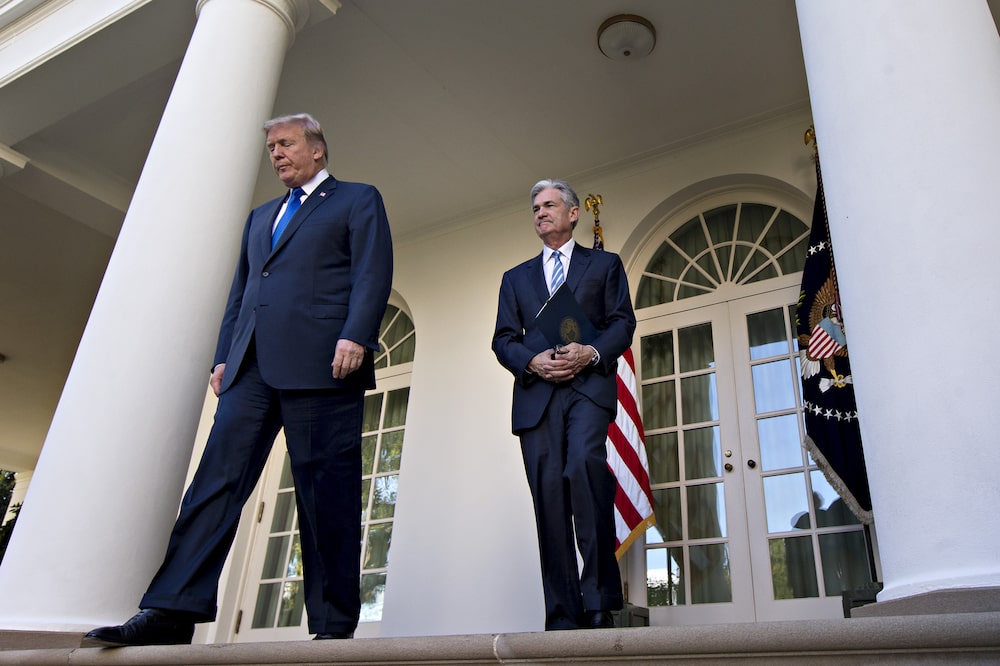 U.S. President Donald Trump, left, and Jerome Powell, governor of the U.S. Federal Reserve and Trump's nominee as chairman of the Federal Reserve, walk out to a nomination announcement in the Rose Garden of the White House in Washington, D.C., U.S., on Thursday, Nov. 2, 2017. If approved by the Senate, the 64-year-old former Carlyle Group LP managing director and ex-Treasury undersecretary would succeed Fed Chair Janet Yellen. Photographer: Andrew Harrer/Bloomberg U.S. President Donald Trump, left, and Jerome Powell, governor of the U.S. Federal Reserve and Trump's nominee as chairman of the Federal Reserve, walk out to a nomination announcement in the Rose Garden of the White House in Washington, D.C., U.S., on Thursday, Nov. 2, 2017. If approved by the Senate, the 64-year-old former Carlyle Group LP managing director and ex-Treasury undersecretary would succeed Fed Chair Janet Yellen. Photographer: Andrew Harrer/Bloomberg