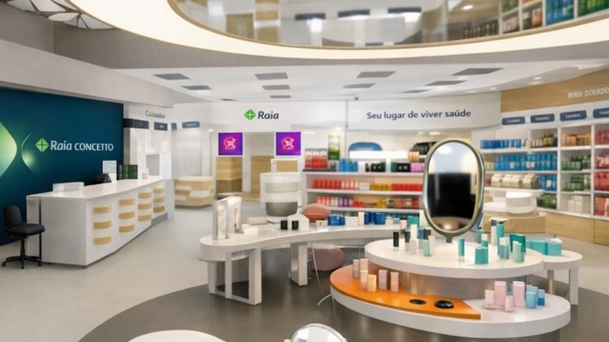 Projeção em 3D da primeira Raia Conceito, da RD Saúde: design inverte a lógica de farmácia convencional ao colocar uma ilha circular de cosméticos no centro, com layout focado em ampliar o tempo de permanência