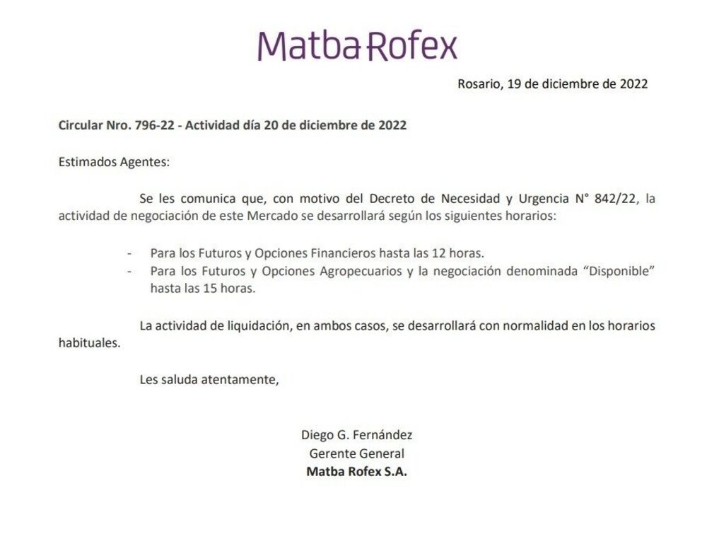 El comunicado de Matba Rofex El comunicado de Matba Rofex