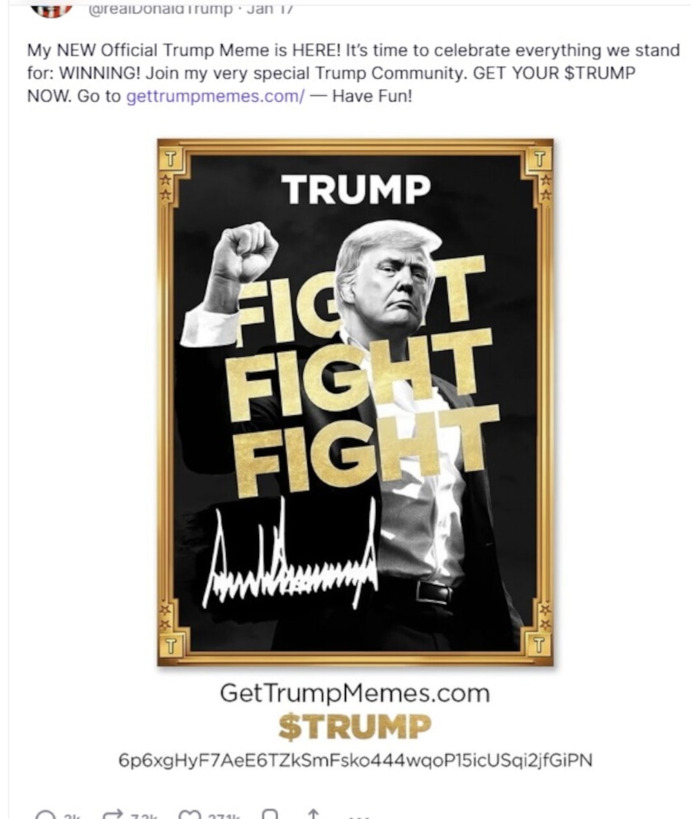 La publicación en Truth Social de Donald Trump promoviendo el token $TRUMP. La publicación en Truth Social de Donald Trump promoviendo el token $TRUMP.