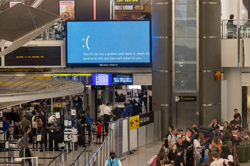 The Microsoft Windows Recovery screen displayed at John F. Kennedy International Airport (JFK) in New York on July 19. The Microsoft Windows Recovery screen displayed at John F. Kennedy International Airport (JFK) in New York on July 19.